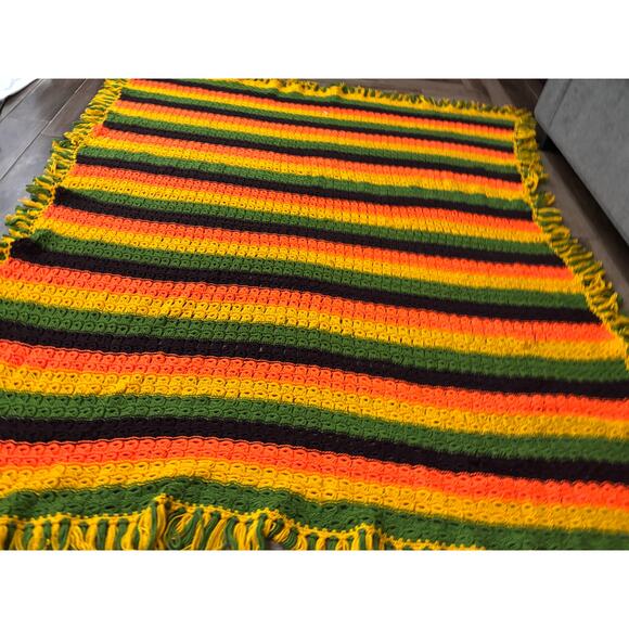 VTG Retro Crocheted Afghan Blanket 80"x67" Cottage Core Granny Orange Yellow - Picture 3 of 8